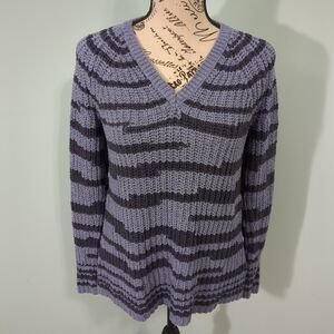 J. Jill Blue Striped Chunky Cable Knit V-Neck Long Sleeve Sweater Tunic small